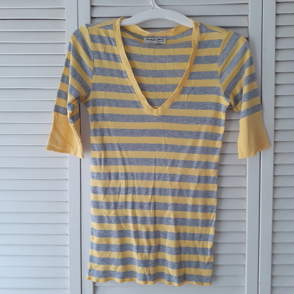Women's V-neck Half-Sleeve Y2K Striped Stretchy Top Size OS